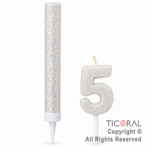SET BENGALA Y VELA NUMERAL NUMERO 5 CON GIBRE BLANCO